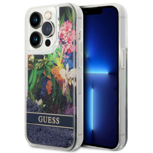 Guess GUHCP14XLFLSB Apple iPhone 14 Pro Max 6,7" blue kietas dėklas Flower Liquid Glitter