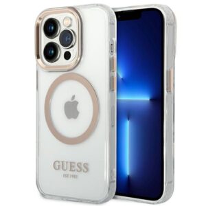 Guess GUHMP14XHTRMD Apple iPhone 14 Pro Max 6,7" gold kietas dėklas Metal Outline Magsafe