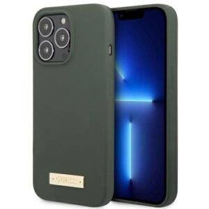Guess GUHMP13XSPLA Apple iPhone 13 Pro Max 6,7" khaki kietas dėklas Silicone Logo Plate MagSafe