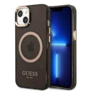 Guess GUHMP13MHTCMK Apple iPhone 13 / 14 / 15 6.1" juodos spalvos kietas dėklas Gold Outline Translucent MagSafe