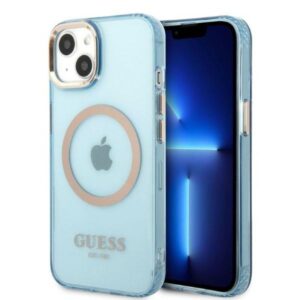 Guess GUHMP13MHTCMB Apple iPhone 13 / 14 / 15 6.1" blue kietas dėklas Gold Outline Translucent MagSaf