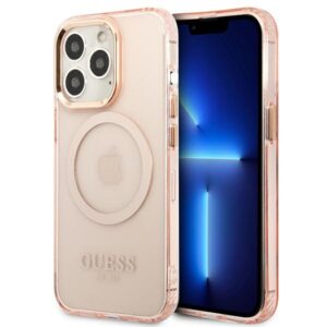 Guess GUHMP13XHTCMP Apple iPhone 13 Pro Max 6,7" rožinės spalvos kietas dėklas Gold Outline Translucent MagSafe