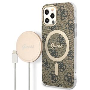Guess Rinkinys GUBPP12MH4EACSW Dėklas+ Įkroviklis Apple iPhone 12/12 Pro rudos spalvos kietas dėklas 4G Print MagSafe - Image 1
