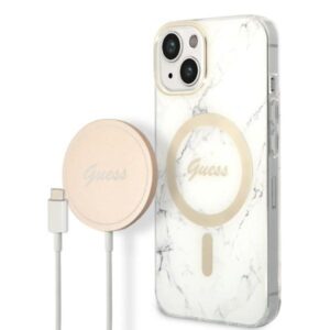 Guess Rinkinys GUBPP14MHMEACSH Dėklas+Įkroviklis Apple iPhone 14 Plus / 15 Plus 6.7" baltos spalvos kietas dėklas Marble - Image 1