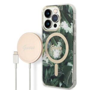 Guess Rinkinys GUBPP14LHJEACSA Dėklas+Įkroviklis Apple iPhone 14 Pro 6,1" green kietas dėklas Jungle MagSafe - Image 1