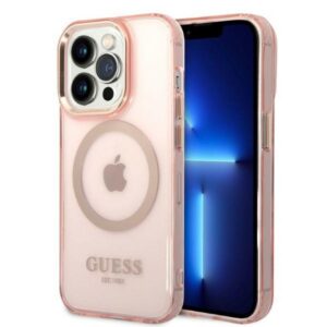 Guess GUHMP14LHTCMP Apple iPhone 14 Pro6,1" rožinės spalvos kietas dėklas Gold Outline Translucent MagSafe