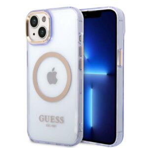 Guess GUHMP14SHTCMU Apple iPhone 14 / 15 / 136.1"violetinės spalvos kietas dėklas Gold Outline Translucent MagS