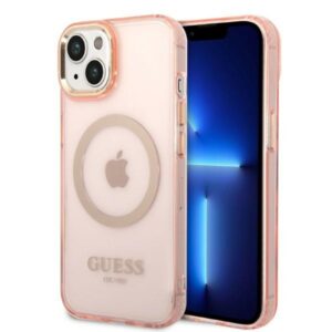 Guess GUHMP14SHTCMP Apple iPhone 14 / 15 / 136,1" rožinės spalvos kietas dėklas Gold Outline Translucent MagSafe