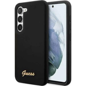 Guess GUHCS23SSLSMK S23 S911 juodos spalvos kietas dėklas Silicone Vintage Gold Logo