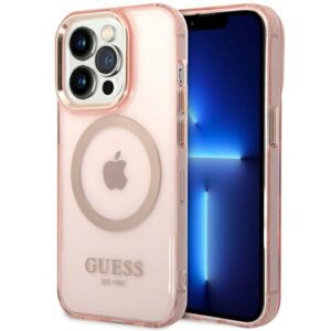 Guess GUHMP14XHTCMP Apple iPhone 14 Pro Max 6,7" rožinės spalvos kietas dėklas Gold Outline Translucent MagSafe