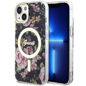 Guess GUHMP14SHCFWSK Apple iPhone 14 / 15 / 13 6.1" juodos spalvos kietas dėklas Flower MagSafe