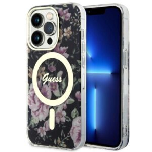 Guess GUHMP14LHCFWSK Apple iPhone 14 Pro 6.1" juodos spalvos kietas dėklas Flower MagSafe