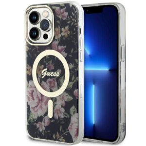 Guess GUHMP14XHCFWSK Apple iPhone 14 Pro Max 6.7" juodos spalvos kietas dėklas Flower MagSafe
