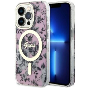 Guess GUHMP14XHCFWSP Apple iPhone 14 Pro Max 6.7" rožinės spalvos kietas dėklas Flower MagSafe