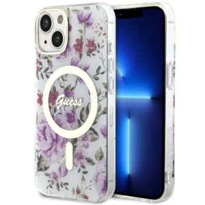 Guess GUHMP14SHCFWST Apple iPhone 14 / 15 / 13 6.1" skaidrus kietas dėklas Flower MagSafe