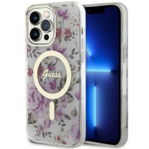 Guess GUHMP14XHCFWST Apple iPhone 14 Pro Max 6.7" skaidrus kietas dėklas Flower MagSafe