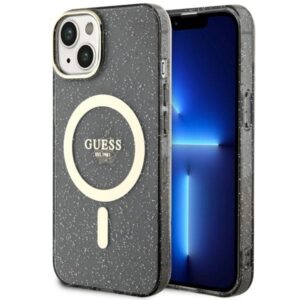 Guess GUHMP14MHCMCGK Apple iPhone 14 Plus / 15 Plus 6.7" juodos spalvos kietas dėklas Glitter Gold MagSafe - Image 1
