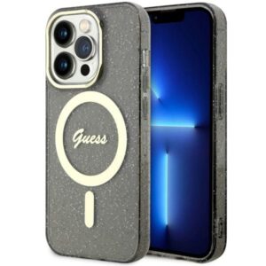 Guess GUHMP14LHCMCGK Apple iPhone 14 Pro 6.1" juodos spalvos kietas dėklas Glitter Gold MagSafe