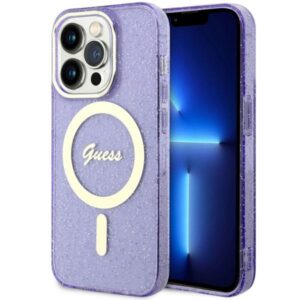 Guess GUHMP14XHCMCGU Apple iPhone 14 Pro Max 6.7" violetinės spalvos kietas dėklas Glitter Gold MagSafe