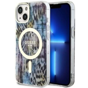 Guess GUHMP14SHLEOPWB Apple iPhone 14 / 15 / 13 6.1" blue kietas dėklas Leopard MagSafe