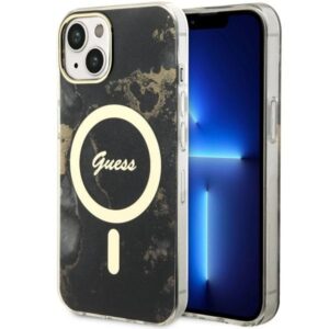 Guess GUHMP14SHTMRSK Apple iPhone 14 / 15 / 136.1" juodos spalvos kietas dėklas Golden Marble MagSafe