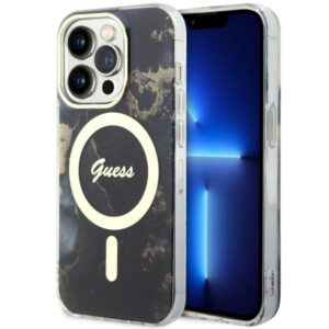 Guess GUHMP14LHTMRSK Apple iPhone 14 Pro 6.1" juodos spalvos kietas dėklas Golden Marble MagSafe - Image 1