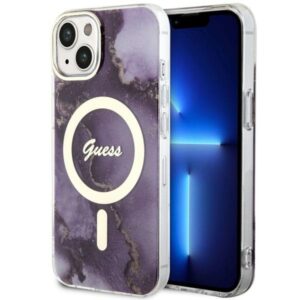 Guess GUHMP14SHTMRSU Apple iPhone 14 / 15 / 13 6.1" violetinės spalvos kietas dėklas Golden Marble MagSafe