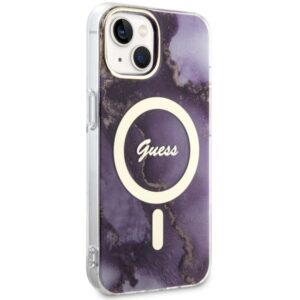Guess GUHMP14SHTMRSU Apple iPhone 14 / 15 / 13 6.1" violetinės spalvos kietas dėklas Golden Marble MagSafe - Image 4