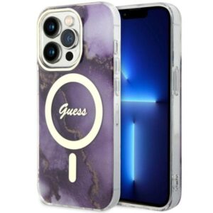 Guess GUHMP14LHTMRSU Apple iPhone 14 Pro 6.1" violetinės spalvos kietas dėklas Golden Marble MagSafe