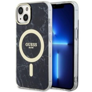 Guess GUHMP14SPCUMAK Apple iPhone 14 / 15 / 13 6.1" juodos spalvos kietas dėklas Marble MagSafe