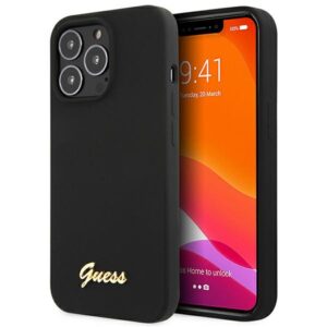 Guess GUHCP13XLSLMGBK Apple iPhone 13 Pro Max 6.7" juodos spalvos hardc ase Silicone Script Gold Logo