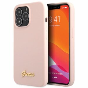 Guess GUHCP13XLSLMGLP Apple iPhone 13 Pro Max 6.7" light rožinės spalvos kietas dėklas Silicone Script Gold Log
