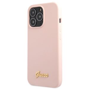 Guess GUHCP13XLSLMGLP Apple iPhone 13 Pro Max 6.7" light rožinės spalvos kietas dėklas Silicone Script Gold Log - Image 2