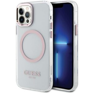 Guess GUHMP12MHTRMP Apple iPhone 12/12 Pro 6.1" rožinės spalvos kietas dėklas Metal Outline Magsafe