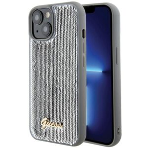 Guess GUHCP15SPSFDGSS Apple iPhone 15 / 14 / 13 6.1" silver kietas dėklas Sequin Script Metal - Image 1