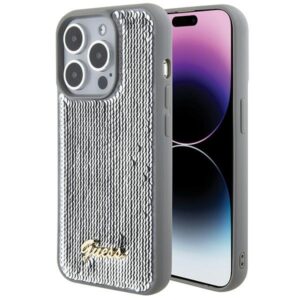 Guess GUHCP15LPSFDGSS Apple iPhone 15 Pro 6.1" silver kietas dėklas Sequin Script Metal