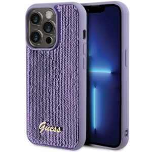 Guess GUHCP15LPSFDGSU Apple iPhone 15 Pro 6.1"violetinės spalvos kietas dėklas Sequin Script Metal