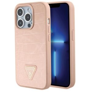 Guess GUHCP15LPCRTHCP Apple iPhone 15 Pro 6.1" rožinės spalvos kietas dėklas Croco Triangle Metal Logo - Image 1