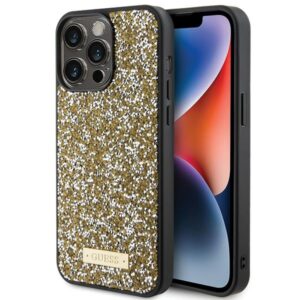 Guess GUHCP15XPFGSBSD Apple iPhone 15 Pro Max 6.7" yellow kietas dėklas Rhinestone Metal Logo