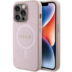 Guess GUHMP15LPSAHMCP Apple iPhone 15 Pro 6.1" rožinės spalvos kietas dėklas Saffiano MagSafe - Image 1
