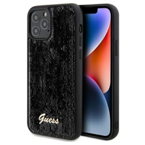 Guess GUHCP12MPSFDGSK Apple iPhone 12/12 Pro 6.1" juodos spalvos kietas dėklas Sequin Script Metal