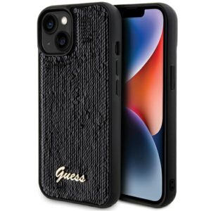 Guess GUHCP14SPSFDGSK Apple iPhone 14 / 15 / 13 6.1" juodos spalvos kietas dėklas Sequin Script Metal