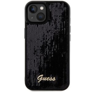Guess GUHCP14SPSFDGSK Apple iPhone 14 / 15 / 13 6.1" juodos spalvos kietas dėklas Sequin Script Metal - Image 3