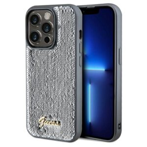 Guess GUHCP14XPSFDGSS Apple iPhone 14 Pro Max 6.7" silver kietas dėklas Sequin Script Metal