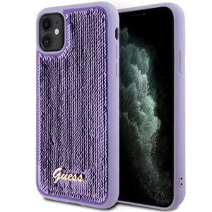 Guess GUHCN61PSFDGSU Apple iPhone 11 / Xr 6.1" violetinės spalvos kietas dėklas Sequin Script Metal