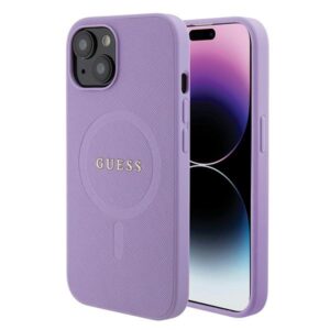Guess GUHMP15SPSAHMCU Apple iPhone 15 / 14 /13 6.1" violetinės spalvos kietas dėklas Saffiano MagSafe
