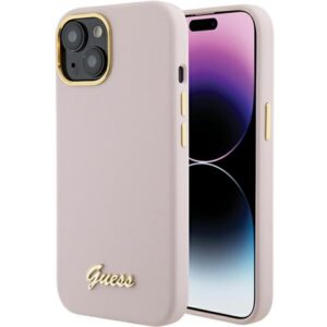 Guess GUHCP15SSMBSLP Apple iPhone 15 / 14 / 13 6.1" rožinės spalvos kietas dėklas Silicone Script Metal Logo & Frame