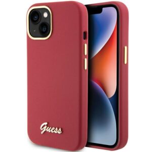 Guess GUHCP15SSMBSLM Apple iPhone 15 / 14 / 13 6.1" magenta kietas dėklas Silicone Script Metal Logo & Frame