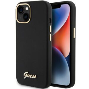 Guess GUHCP15SSMBSLK Apple iPhone 15 / 14 /13 6.1" juodos spalvos kietas dėklas Silicone Script Metal Logo & Fram