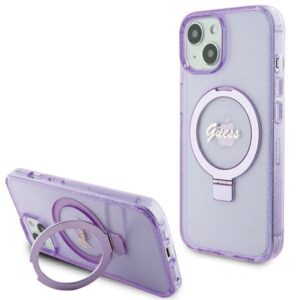 Guess GUHMP15MHRSGSU Apple iPhone 15 Plus/ 14 Plus 6.7" violetinės spalvos kietas dėklas Ring Stand Script Glitte